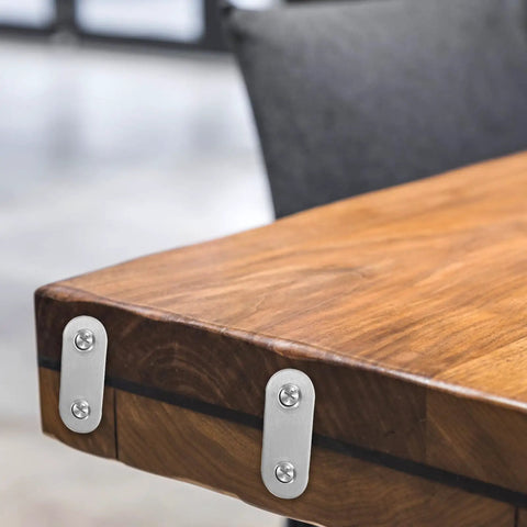 Stainless Steel Flat Straight Bracket Set For Furniture And Cabinets Heavy Duty Corner Brace Plates installed on a wooden table edge