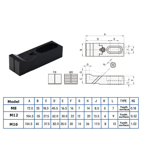 Adjustable CNC Side Clamps Kit M12 fit with technical diagram and measurements for milling machines and routers.