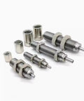 Rugged Stainless Steel Hydraulic Buffer Shock Absorber Straight Up Industrial Heavy Duty Cylinder Damper Kills Vibration For Smooth Machinery Operation Csac-1210N Pack One, various sizes and hex nuts.