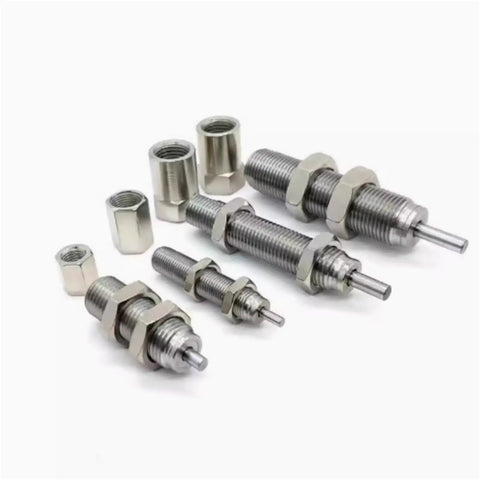 Rugged Stainless Steel Hydraulic Buffer Shock Absorber Straight Up Industrial Heavy Duty Cylinder Damper Kills Vibration For Smooth Machinery Operation Csac-1210N Pack One, various sizes and hex nuts.