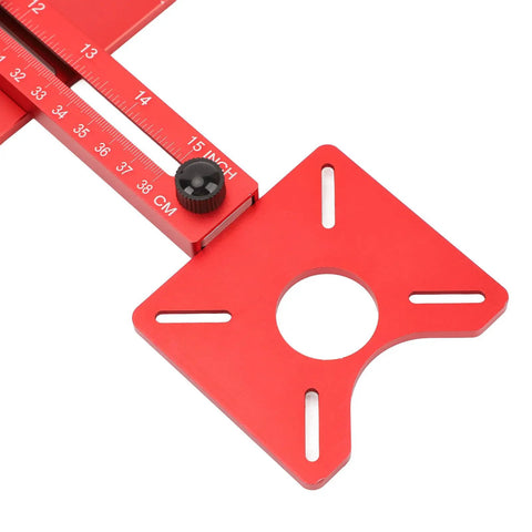 Rock Solid Heavy Duty 4 In 1 Aluminum Router Jig Kit With Quick Assembly Backer Bracket showing red alignment guide and measurement scales.