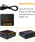 5in1 USB Charger For RC Planes And Spare Parts with LED indicators, showing specifications including input and output details.