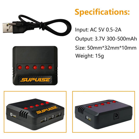 5in1 USB Charger For RC Planes And Spare Parts with LED indicators, showing specifications including input and output details.