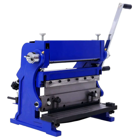 Side view of 12 Inch 3 In 1 Sheet Metal Machine that shears bends and rolls for DIYers and pros, 20 gauge capacity, 90 degree bend angle