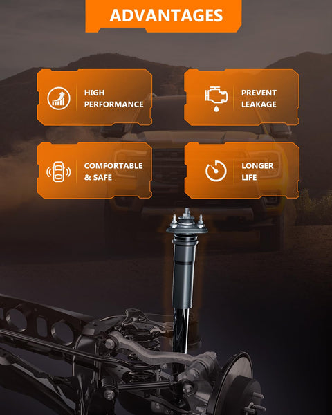Image showing advantages of Chevy Front And Rear Shock Absorbers And Struts Replacement Set For 1995 To 2005 Chevy Blazer S10 Blazer Jimmy GMC Sonoma Isuzu Hombre 4 Piece Pack Of Shocks: high performance, prevent leakage, comfortable & safe, longer life, with a visible shock absorber.