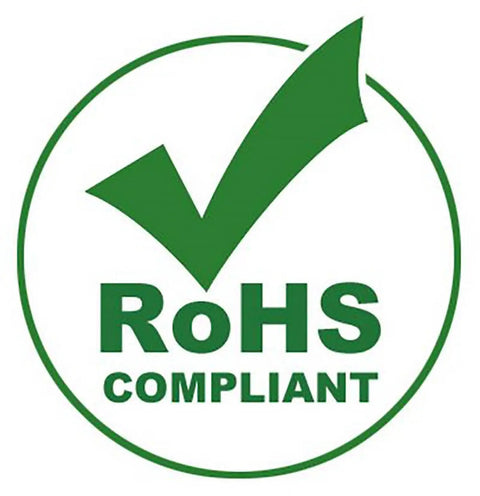 RoHS compliant certification logo with green check mark in circle, signifying environmental safety standards.