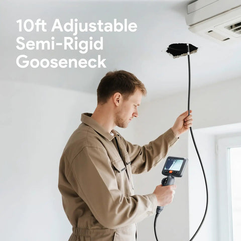Man using Dual Lens 210 Degree Articulating Endoscope With 4.5 Inch Screen 10 Foot Flexible Borescope Camera for ceiling inspection