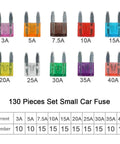 Heavy Duty 130 Piece Mini Car Truck Boat Blade Fuse Assortment Kit With Puller Tool Includes 3A To 40A Assorted Electronic Fuses displayed in colorful sizes.