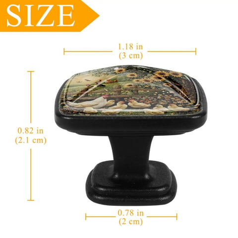 4 Pack Black Kitchen Cabinet Knobs Featuring Flower And Chicken Fence Design Square Drawer Pulls with dimensions shown