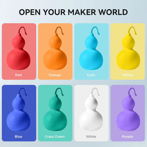 PLA filament bundle in 8 colors: Red, Orange, Cyan, Yellow, Blue, Grass Green, White, Purple.