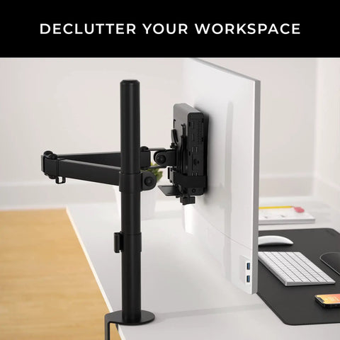 Thin Client Mount Bracket for Under Desk and VESA Arm Setups, securing mini PCs to monitor in an office setting, side view