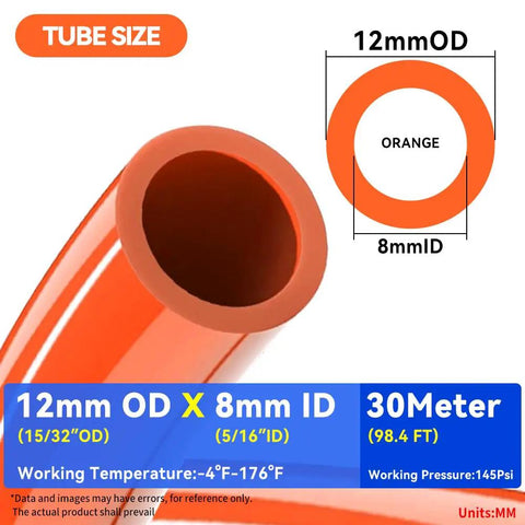 Orange Polyurethane PU Air Hose 12mm OD 8mm ID 30m 98.4ft with size chart and specifications.