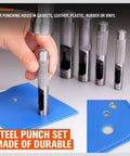 Hand using 9 Piece Leather Hole Punch Set Hollow Round Punches 3/32 to 25/64 Inch Heavy Duty Carbon Steel on blue leather