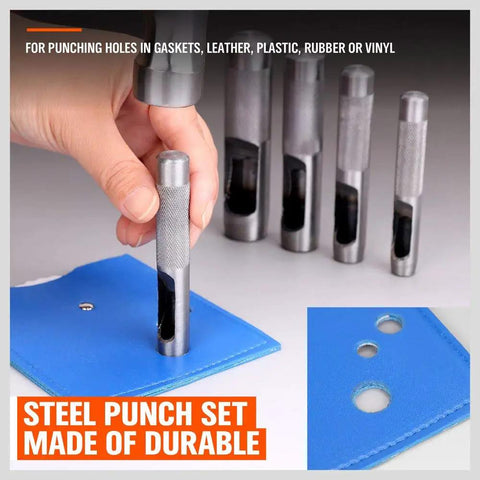 Hand using 9 Piece Leather Hole Punch Set Hollow Round Punches 3/32 to 25/64 Inch Heavy Duty Carbon Steel on blue leather