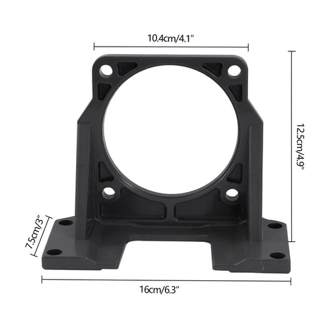 Black motor mounting bracket with circular bore for mini gear motors; base 16 cm wide, 12.5 cm tall.