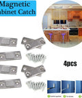 8 Pack Slim Magnetic Cabinet Catch Latches For Doors, Flush Mount Silver Hardware displayed with screws and installation steps