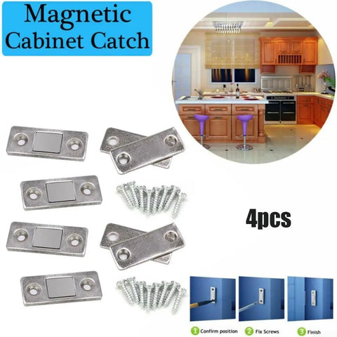8 Pack Slim Magnetic Cabinet Catch Latches For Doors, Flush Mount Silver Hardware displayed with screws and installation steps