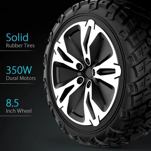 Close-up of solid rubber tire on Warrior 8.5 Inch All Terrain Off Road Scooter With Bluetooth Speakers and LED Lights Self Balancing