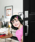 Girl peeking through door with Keyless Entry Door Lock With Keypad Deadbolt Satin Nickel Finish visible