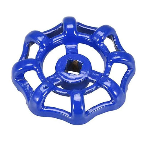Blue 58mm metal faucet wheel handle with 6x6mm broach for gate valves. Part of Three Pack 58Mm OD Metal Outside Faucet Handles.