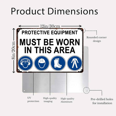 Must Wear Protective Equipment Area Aluminum Sign 8x12 Inch Durable Metal Safety Warning with product dimensions shown