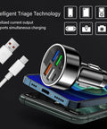 Six Port Usb C Car Charger With Led Voltage Display PD QC3 Fast Charging Plug Into Any Cigarette Lighter To Keep Your Phones Tablets And Dashcams Stay Juiced On The Road, showing multiple ports and a phone.