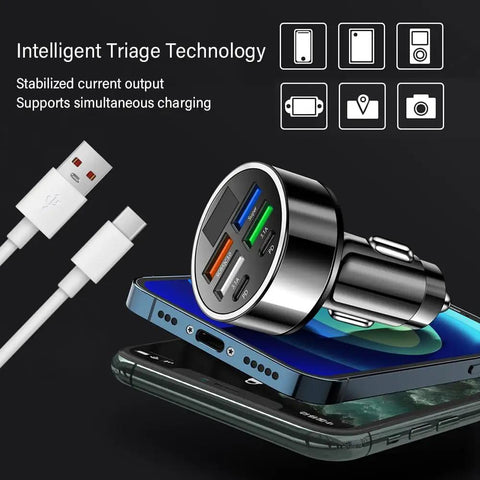 Six Port Usb C Car Charger With Led Voltage Display PD QC3 Fast Charging Plug Into Any Cigarette Lighter To Keep Your Phones Tablets And Dashcams Stay Juiced On The Road, showing multiple ports and a phone.