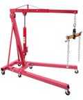 Heavy Duty Folding Hydraulic Engine Hoist Stand Built With Hella Tough Carbon Steel, featuring integrated chains and hydraulic pump.