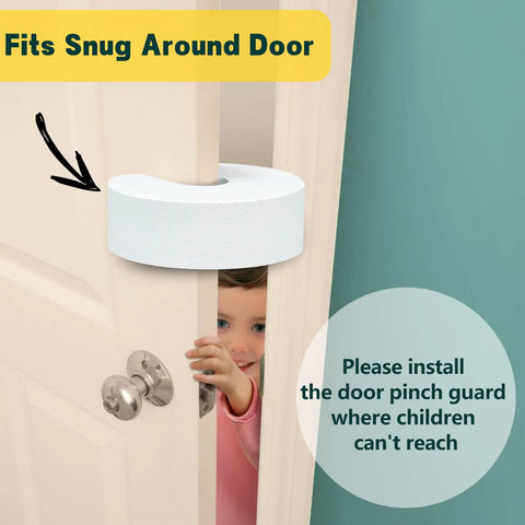 Child near door with Eight Pack Door Finger Pinch Guards For Little Ones And Fur Babies, Thick 2.2cm Soft Foam Door Stopper.
