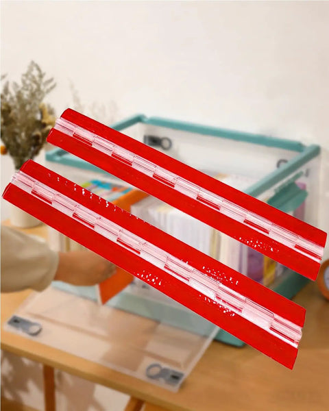 Hella Tough Clear Acrylic Continuous Piano Hinge Set 12 Inch self adhesive strips displayed over a DIY storage box.