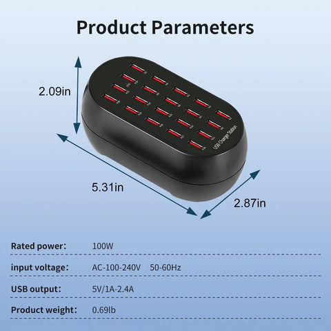 Black Dope 20 Port USB Charging Station With 100W Total Power Multi Device Desktop Charger Hub dimensions and specs shown