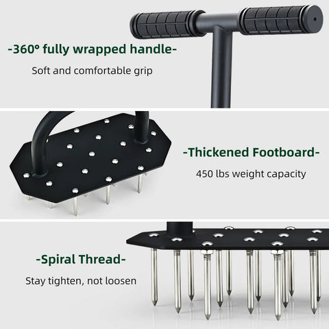 Manual Lawn Aerator With 19 Stainless Steel Spikes 2.7 Inch Length Rust Resistant 304 Stainless Dethatching And Soil Aeration Tool showing handle, footboard, and spikes close-up.