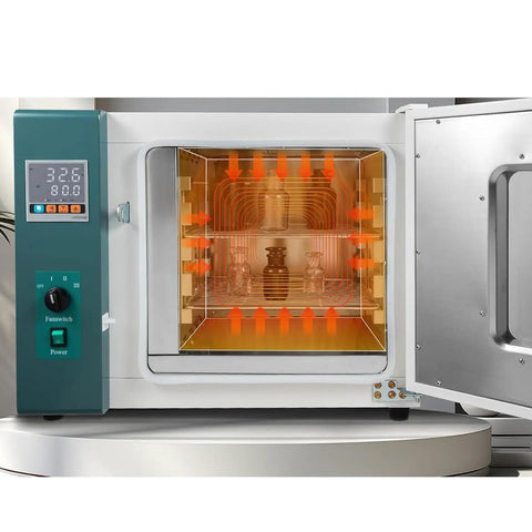 Auto Dental Drying Oven With Timed Temp Control shows warm air circulation inside the stainless chamber for sterilizing tools.