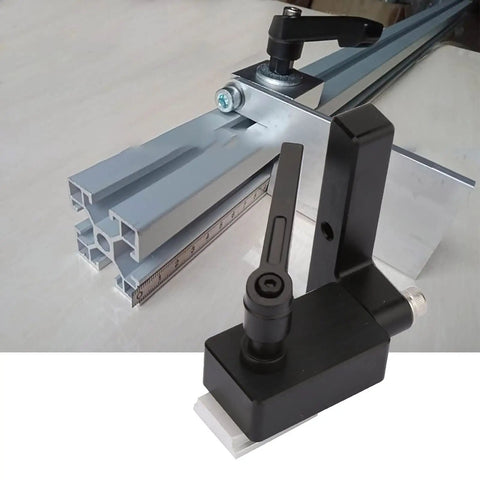Heavy Duty Woodwork T Slot Miter Chute Limiter With Quick Handle For Standard TTrack DIY Manual Tool Compact Mini Portable Workhorse Gear mounted on aluminum track.