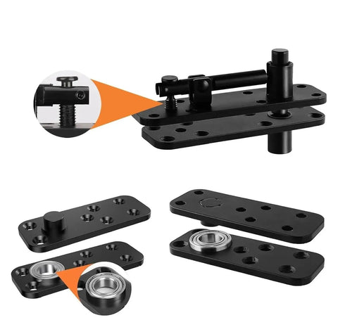 360 Degree Bookcase Door Hinge Kit With Concealed Pivot Hardware components shown in black metal with mounting holes.