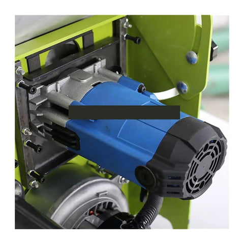 Close-up of compact dust free electric table saw motor showcasing high torque design. Ideal for slick wood cuts in DIY projects.