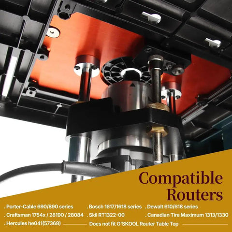 Killer Precision Router Lift System With 3.5 Inch Carriage For DeWalt Bosch Porter Cable Craftsman Tables showing detailed aluminum structure.