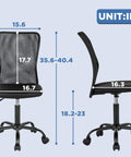 Go-To Ergonomic Mesh Office Chair With Lumbar Support Mid Back Armless Desk Chair shown with dimensions in inches
