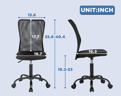 Go-To Ergonomic Mesh Office Chair With Lumbar Support Mid Back Armless Desk Chair shown with dimensions in inches