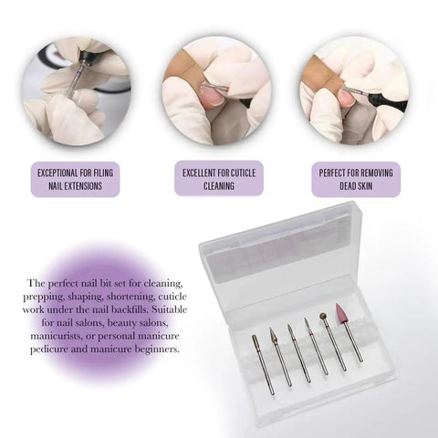 Six-Piece Dry Manicure Drill Bit Set For Home And Salon Use, Gentle On Sensitive Skin, Includes Varied Sizes And Shapes