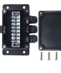 Watertight Junction Box IP67 Electrical Enclosure with 8-P 15A Barrier Terminals and 1 In and 3 Out Cable Glands shown open, with screws.