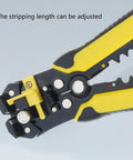 Compact ABS Cable Stripper Crimping And Cutting Tool Easy Grip Ergonomic Handle showing adjustable stripping length feature.