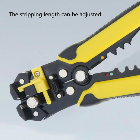 Compact ABS Cable Stripper Crimping And Cutting Tool Easy Grip Ergonomic Handle showing adjustable stripping length feature.