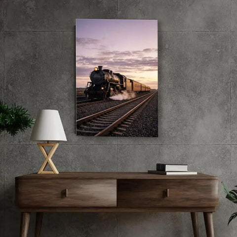 Steam Train Canvas Wall Art Retro Locomotive Poster for Living Room or Bedroom on modern wall decor with sunset view