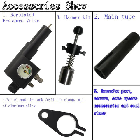 12G CO2 To PCP Regulated Conversion Kit accessories including pressure valve, hammer kit, main tube, aluminum alloy clamp