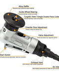 Side view of SI FANG mini pneumatic chamfering tool with adjustable chamfer size, air inlet and exhaust vent