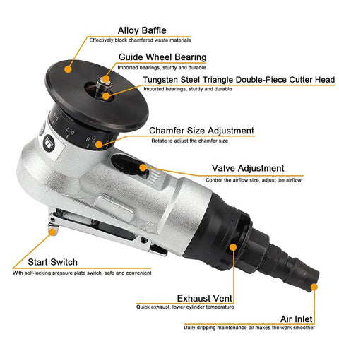 Bainuo Pneumatic Chamfering Machine For 45 Degree Metal Trimming And Deburring features adjustable valve, air inlet, and alloy baffle.