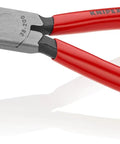 "Pro-Grade Three Piece Long Nose Pliers Tool Set For Precision Gripping And Bend-Back Jaws, Cross-Hatch Knurled Surfaces, Vanadium Electric Steel, Forged Oil-Hardened Tips, Red Handles, Ideal For Pros, Mechanics, Electronics, And DIY Projects" with one plier showing red handles and angled jaws.