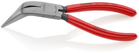 "Pro-Grade Three Piece Long Nose Pliers Tool Set For Precision Gripping And Bend-Back Jaws, Cross-Hatch Knurled Surfaces, Vanadium Electric Steel, Forged Oil-Hardened Tips, Red Handles, Ideal For Pros, Mechanics, Electronics, And DIY Projects" with one plier showing red handles and angled jaws.
