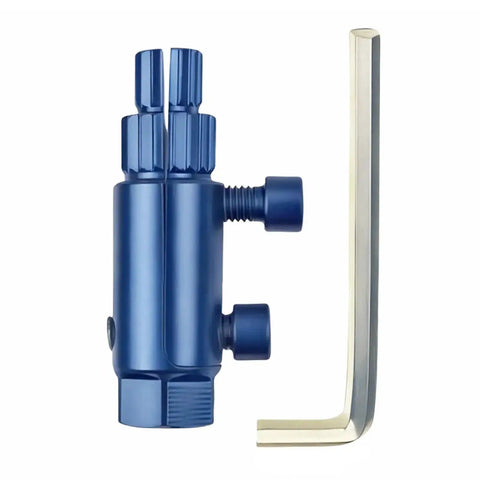 DIY Ready Broken Pipe And Valve Thread Extractor Kit For One Quarter, Three Eighths, And One Inch Pipes With Damaged Screw And Bolt Removal Easy Out Set in blue with L-shaped hex key.